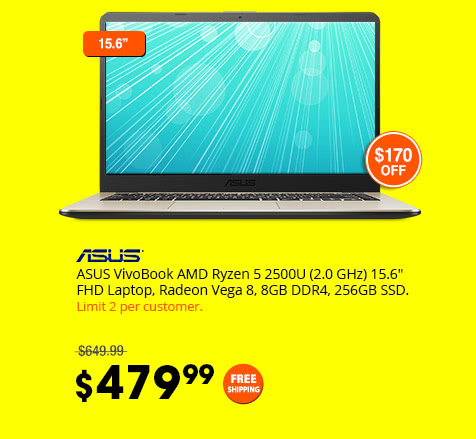 ASUS VivoBook AMD Ryzen 5 2500U (2.0 GHz) 15.6" FHD Laptop, Radeon Vega 8, 8GB DDR4, 256GB SSD