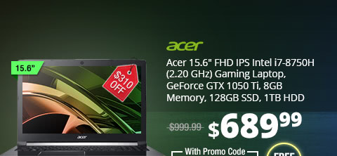 Acer 15.6" FHD IPS Intel i7-8750H (2.20 GHz) Gaming Laptop, GeForce GTX 1050 Ti, 8GB Memory, 128GB SSD, 1TB HDD