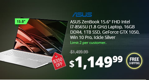 ASUS ZenBook 15.6" FHD Intel i7-8565U (1.8 GHz) Laptop, 16GB DDR4, 1TB SSD, GeForce GTX 1050, Win 10 Pro, Icicle Silver