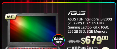 ASUS TUF Intel Core i5-8300H (2.3 GHz) 15.6" IPS FHD Gaming Laptop, GTX 1060, 256GB SSD, 8GB Memory