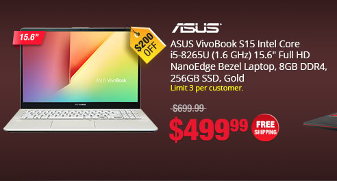 ASUS VivoBook S15 Intel Core i5-8265U (1.6 GHz) 15.6" Full HD NanoEdge Bezel Laptop, 8GB DDR4, 256GB SSD