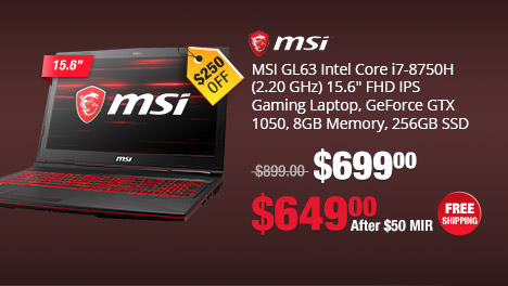 MSI GL63 Intel Core i7-8750H (2.20 GHz) 15.6" Gaming Laptop, GeForce GTX 1050, 8GB Memory, 256GB SSD