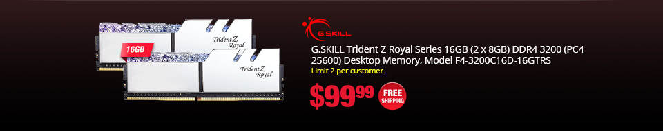 G.SKILL Trident Z Royal Series 16GB (2 x 8GB) DDR4 3200 (PC4 25600) Desktop Memory, Model F4-3200C16D-16GTRS