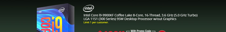 Intel Core i9-9900KF Coffee Lake 8-Core, 16-Thread, 3.6 GHz (5.0 GHz Turbo) LGA 1151 (300 Series) 95W Desktop Processor w/out Graphics