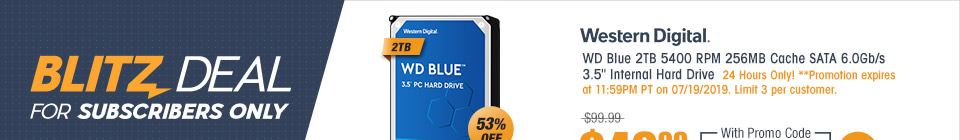 WD Blue 2TB 5400 RPM 256MB Cache SATA 6.0Gb/s 3.5" Internal Hard Drive