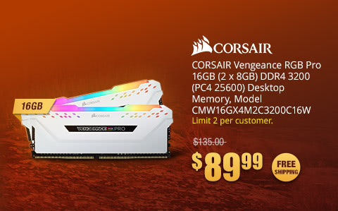 CORSAIR Vengeance RGB Pro 16GB (2 x 8GB) DDR4 3200 (PC4 25600) Desktop Memory, Model CMW16GX4M2C3200C16W