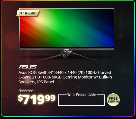 Asus ROG Swift 34" 3440 x 1440 (2K) 100Hz Curved G-Sync 21:9 100% sRGB Gaming Monitor w/ Built-in Speakers, IPS Panel