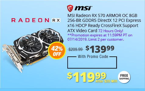MSI Radeon RX 570 ARMOR OC 8GB 256-Bit GDDR5 DirectX 12 PCI Express x16 HDCP Ready CrossFireX Support ATX Video Card