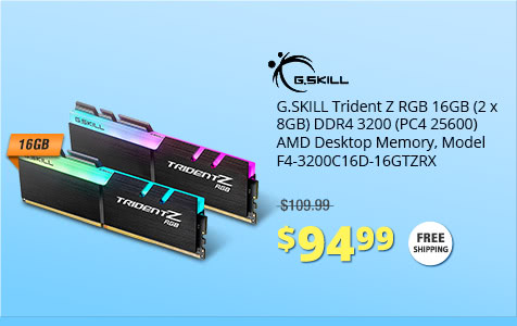 G.SKILL Trident Z RGB 16GB (2 x 8GB) DDR4 3200 (PC4 25600) AMD Desktop Memory, Model F4-3200C16D-16GTZRX