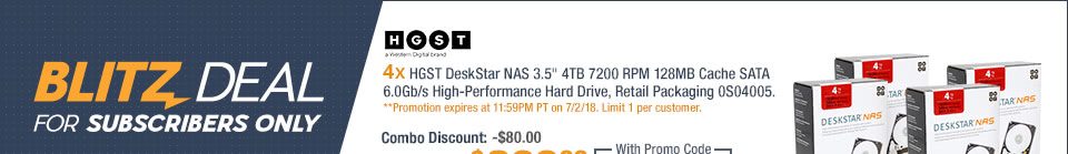 Combo: 4x - HGST DeskStar NAS 3.5" 4TB 7200 RPM 128MB Cache SATA 6.0Gb/s High-Performance Hard Drive, Retail Packaging 0S04005