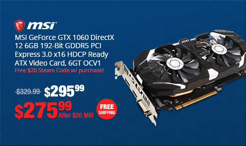 MSI GeForce GTX 1060 DirectX 12 6GB 192-Bit GDDR5 PCI Express 3.0 x16 HDCP Ready ATX Video Card, 6GT OCV1