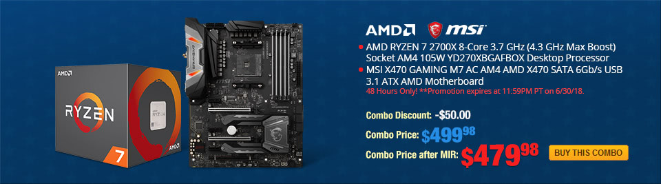 Combo: AMD RYZEN 7 2700X 8-Core 3.7 GHz (4.3 GHz Max Boost) Socket AM4 105W YD270XBGAFBOX Desktop Processor. MSI X470 GAMING M7 AC AM4 AMD X470 SATA 6Gb/s USB 3.1 ATX AMD Motherboard.