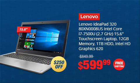 Lenovo IdeaPad 320 80XN0008US Intel Core i7-7500U (2.7 GHz) 15.6" Touchscreen Laptop, 12GB Memory, 1TB HDD, Intel HD Graphics 620