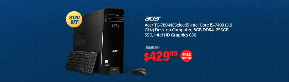 Acer TC-780-NESelecti5 Intel Core i5-7400 (3.0 GHz) Desktop Computer, 8GB DDR4, 256GB SSD, Intel HD Graphics 630