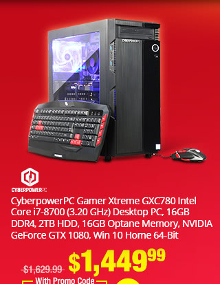 CyberpowerPC Gamer Xtreme GXC780 Intel Core i7-8700 (3.20 GHz) Desktop PC, 16GB DDR4, 2TB HDD, 16GB Optane Memory, NVIDIA GeForce GTX 1080, Win 10 Home 64-Bit