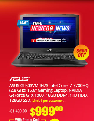 ASUS GL503VM-IH73 Intel Core i7-7700HQ (2.8 GHz) 15.6" Gaming Laptop, NVIDIA GeForce GTX 1060, 16GB DDR4, 1TB HDD, 128GB SSD