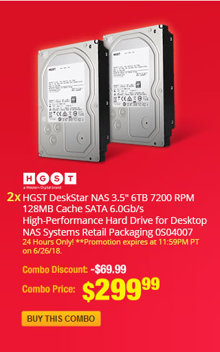 Combo: 2x - HGST DeskStar NAS 3.5" 6TB 7200 RPM 128MB Cache SATA 6.0Gb/s High-Performance Hard Drive for Desktop NAS Systems Retail Packaging 0S04007.
