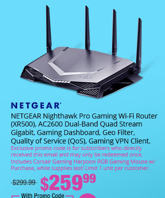 NETGEAR Nighthawk Pro Gaming Wi-Fi Router (XR500), AC2600 Dual-Band Quad Stream Gigabit, Gaming Dashboard, Geo Filter, Quality of Service (QoS), Gaming VPN Client