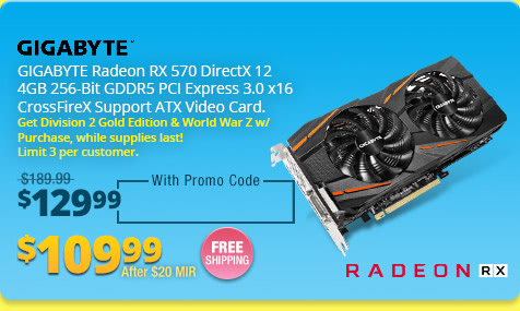 GIGABYTE Radeon RX 570 DirectX 12 4GB 256-Bit GDDR5 PCI Express 3.0 x16 CrossFireX Support ATX Video Card