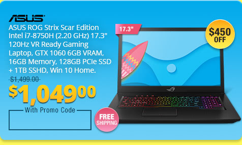 ASUS ROG Strix Scar Edition Intel i7-8750H (2.20 GHz) 17.3" 120Hz VR Ready Gaming Laptop, GTX 1060 6GB VRAM, 16GB Memory, 128GB PCIe SSD + 1TB SSHD, Win 10 Home