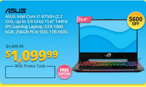 ASUS Intel Core i7-8750H (2.2 GHz, up to 3.9 GHz) 15.6" 144Hz IPS Gaming Laptop, GTX 1060 6GB, 256GB PCIe SSD, 1TB HDD