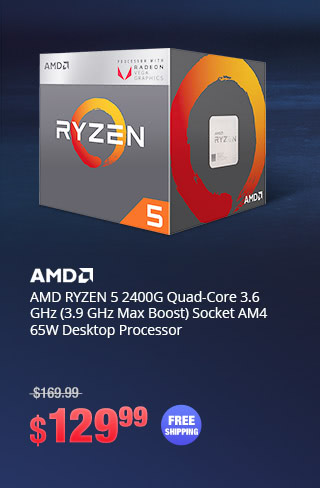 AMD RYZEN 5 2400G Quad-Core 3.6 GHz (3.9 GHz Max Boost) Socket AM4 65W Desktop Processor