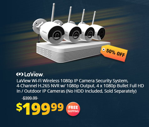 LaView Wi-Fi Wireless 1080p IP Camera Security System, 4-Channel H.265 NVR w/ 1080p Output, 4 x 1080p Bullet Full HD In / Outdoor IP Cameras (No HDD Included, Sold Separately)