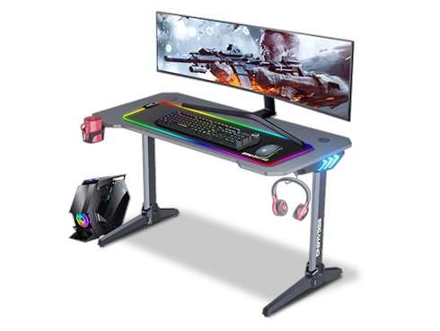 ESGAMING Gaming Desk with RGB LED Lights, 47.3 Inch Ergonomic Home Office Desks, T-Shaped Gamer Workstation with Cup Holder, Headphone Hook, 2 Cable Management Holes and Socket Box