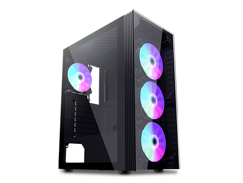 ESGAMING Computert Gaming Case  withTempered Glass Front & Side Panel, Pre-Installed 4 x120mm Rainbow Internal Ring Glow Fans, Black