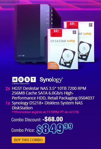 Combo: (2x)HGST Deskstar NAS 3.5" 10TB 7200 RPM 256MB Cache SATA 6.0Gb/s High-Performance HDD, Retail Packaging 0S04037. (1x)Synology DS218+ Diskless System NAS DiskStation
