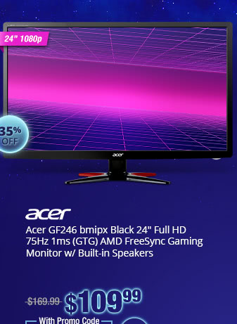 Acer GF246 bmipx Black 24" Full HD 75Hz 1ms (GTG) AMD FreeSync Gaming Monitor w/ Built-in Speakers