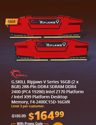 G.SKILL Ripjaws V Series 16GB (2 x 8GB) 288-Pin DDR4 SDRAM DDR4 2400 (PC4 19200) Intel Z170 Platform / Intel X99 Platform Desktop Memory, F4-2400C15D-16GVR