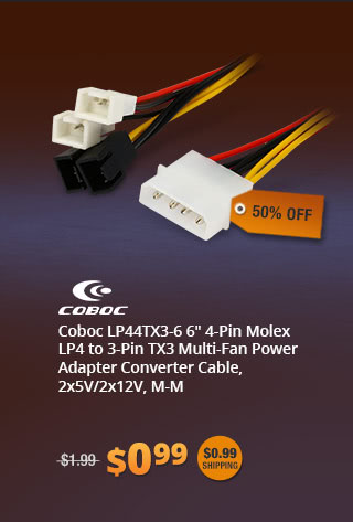 Coboc LP44TX3-6 6" 4-Pin Molex LP4 to 3-Pin TX3 Multi-Fan Power Adapter Converter Cable, 2x5V/2x12V, M-M