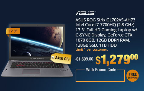 ASUS ROG Strix GL702VS-AH73 Intel Core i7-7700HQ (2.8 GHz) 17.3" Full HD Gaming Laptop w/ G-SYNC Display, GeForce GTX 1070 8GB, 12GB DDR4 RAM, 128GB SSD, 1TB HDD