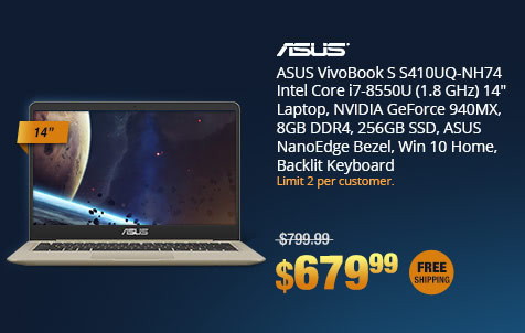 ASUS VivoBook S S410UQ-NH74 Intel Core i7-8550U (1.8 GHz) 14" Laptop, NVIDIA GeForce 940MX, 8GB DDR4, 256GB SSD, ASUS NanoEdge Bezel, Win 10 Home, Backlit Keyboard