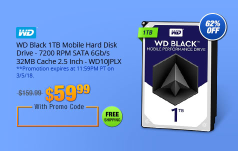 WD Black 1TB Mobile Hard Disk Drive - 7200 RPM SATA 6Gb/s 32MB Cache 2.5 Inch - WD10JPLX
