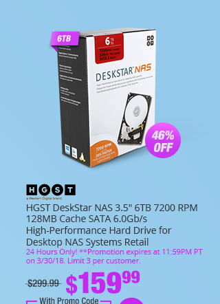HGST DeskStar NAS 3.5" 6TB 7200 RPM 128MB Cache SATA 6.0Gb/s High-Performance Hard Drive for Desktop NAS Systems Retail