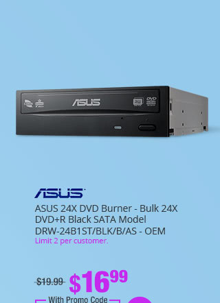 ASUS 24X DVD Burner - Bulk 24X DVD+R Black SATA Model DRW-24B1ST/BLK/B/AS - OEM