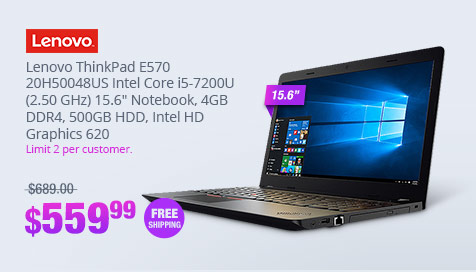 Lenovo ThinkPad E570 20H50048US Intel Core i5-7200U (2.50 GHz) 15.6" Notebook, 4GB DDR4, 500GB HDD, Intel HD Graphics 620