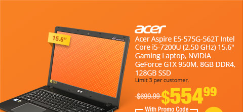 Acer Aspire E5-575G-562T Intel Core i5-7200U (2.50 GHz) 15.6" Gaming Laptop, NVIDIA GeForce GTX 950M, 8GB DDR4, 128GB SSD
