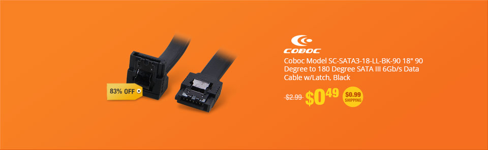 Coboc Model SC-SATA3-18-LL-BK-90 18" 90 Degree to 180 Degree SATA III 6Gb/s Data Cable w/Latch, Black
