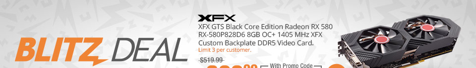 XFX GTS Black Core Edition Radeon RX 580 RX-580P828D6 8GB OC+ 1405 MHz XFX Custom Backplate DDR5 Video Card