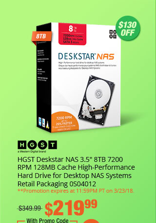 HGST Deskstar NAS 3.5" 8TB 7200 RPM 128MB Cache High-Performance Hard Drive for Desktop NAS Systems Retail Packaging 0S04012
