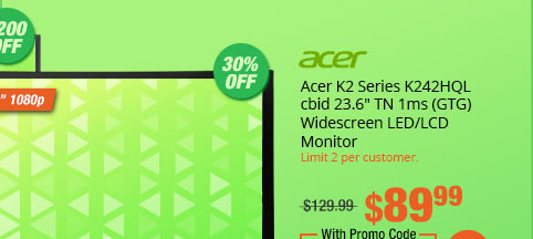 Acer K2 Series K242HQL cbid 23.6" TN 1ms (GTG) Widescreen LED/LCD Monitor