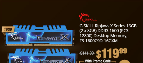 G.SKILL Ripjaws X Series 16GB (2 x 8GB) DDR3 1600 (PC3 12800) Desktop Memory, F3-1600C9D-16GXM