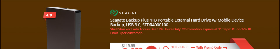 	Seagate Backup Plus 4TB Portable External Hard Drive w/ Mobile Device Backup, USB 3.0, STDR4000100 