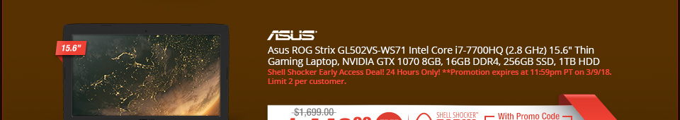 Asus ROG Strix GL502VS-WS71 Intel Core i7-7700HQ (2.8 GHz) 15.6"Thin Gaming Laptop, NVIDIA GTX 1070 8GB, 16GB DDR4, 256GB SSD, 1TB HDD 