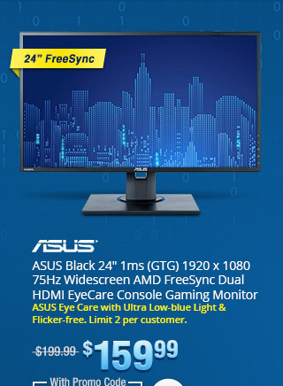 ASUS Black 24" 1ms (GTG) 1920 x 1080 75Hz Widescreen Dual HDMI EyeCare Console Gaming Monitor