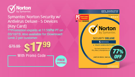Symantec Norton Security w/ Antivirus Deluxe - 5 Devices [Key Card]