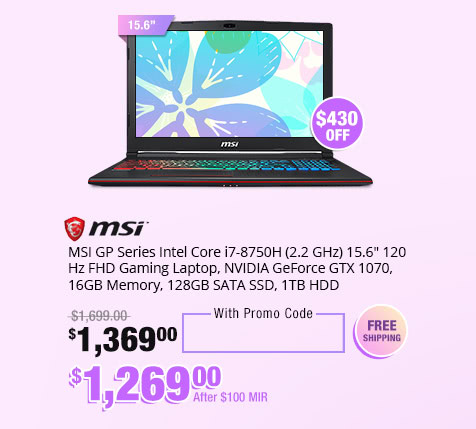 MSI GP Series Intel Core i7-8750H (2.2 GHz) 15.6" 120 Hz FHD Gaming Laptop, NVIDIA GeForce GTX 1070, 16GB Memory, 128GB SATA SSD, 1TB HDD